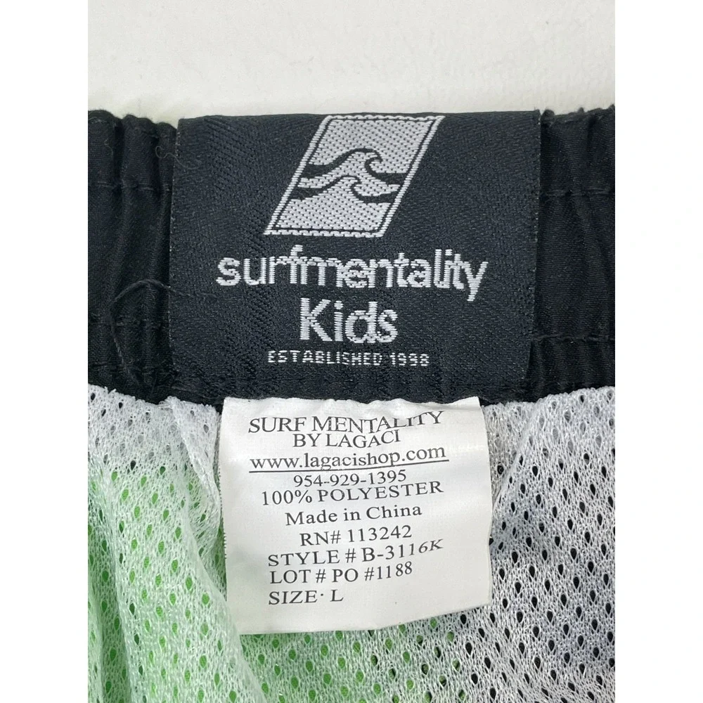 Surf Mentality Kids Elastic Waist Swim Shorts Size L Green‎ Black NWT